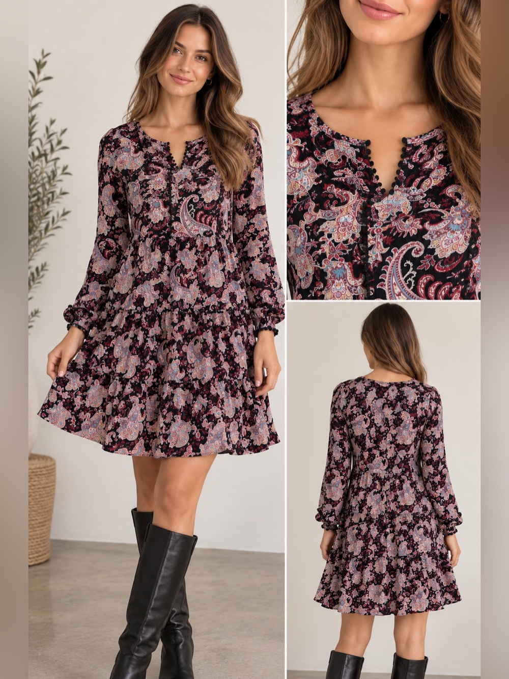 Knox Rose XS Black Paisley Boho Tiered 100% Rayon Dress